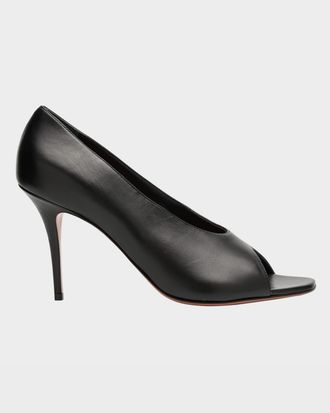 Amina Muaddi Julianne Peep-Toe Leather Pumps