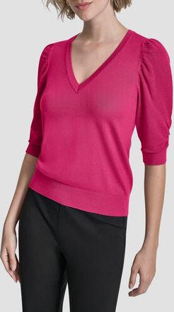 DKNY Puff Sleeve V-Neck Sweater in Hot Pink at Nordstrom, Size X-Small