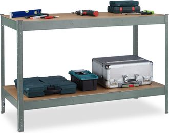 Relaxdays Relaxdays Mesa De Trabajo, 600 Kg, Banco Taller, 91x141x61 Cm, 2 Niveles Regulables, Estante De Acero Y Mdf, Antracita