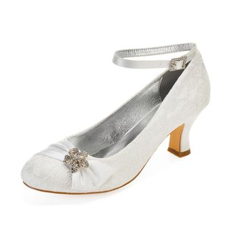 Generic Wedding Shoes Womens Lace Chunky Heel Pumps Round Toe Bridal Low Heels Prom Party Dress High Heels 6.5Cm,Ivory,3 UK