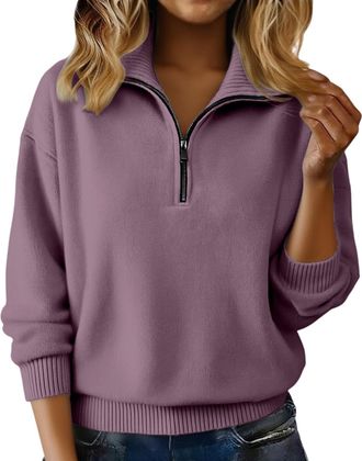 Generic Christmas Jumpers for Women Cosy Jumpers Women Uk Half Zip Polo V Neck Cozy Knit Sweaters Wool Cashmere Sweatshirt Thermal Warm Tunic Ladies Fleece To