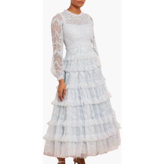 Needle & Thread Blossom Long Sleeve Lace Ankle Gown in Cloud at Nordstrom, Size 16