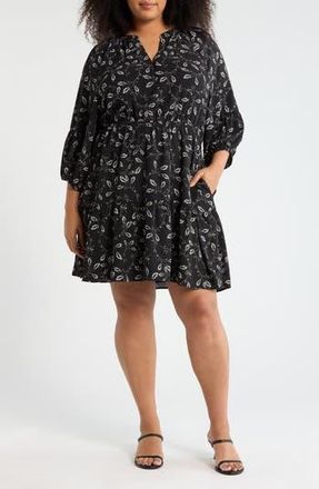 Melrose and Market Balloon Sleeve Fit & Flare Dress in Black- Ivory Lace Stems at Nordstrom Rack, Size 2X