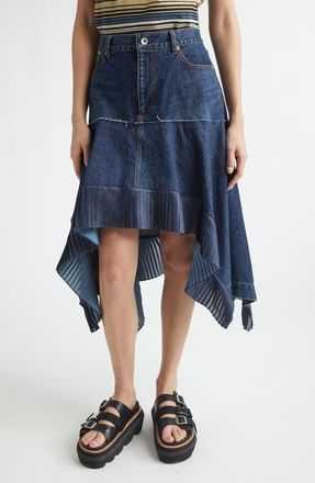 sacai Mixed Media Asymmetric Satin & Denim Midi Skirt in Blue at Nordstrom, Size 1