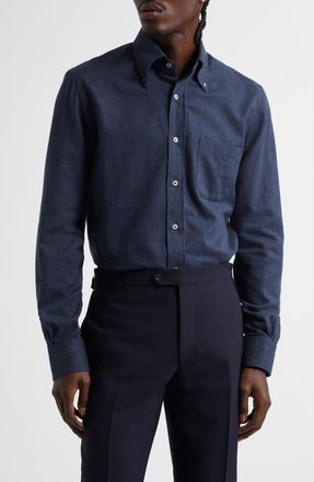 Thom Sweeney Cotton Flannel Button-Down Shirt in Navy at Nordstrom, Size 16.5