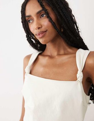 Pretty Lavish Maja - Vestito lungo in bengalina color crema con spalline annodate e scollo squadrato-Bianco