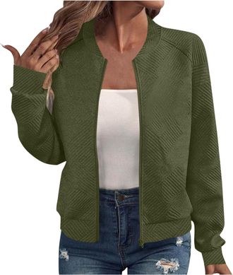 Generic Bomber Jacket Women, Bomber Jacket Women UK Oversized Textured Lightweight Zip Up Jackets Casual Stand Collar Full Zipper Coats Ladies Autumn Baseball