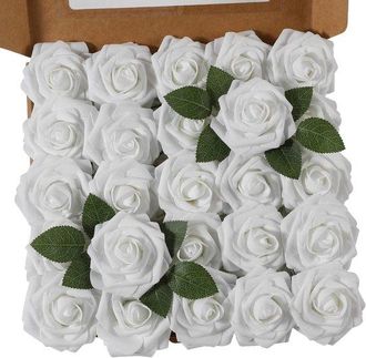 No Brand 25 Rosas Artificiales De Aspecto Realista Con Tallo, Ideales Para Ramos De Novia, Decoraci&oacute;n De Mesas, Bodas Y Decoraci&oacute;n Del Hogar (blancas, Juego De