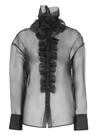 D.exterior Black Sheer Silk Ruffled Jabot Shirt