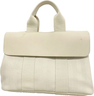 Herm&egrave;s White Toile Chevron Tote Bag (Pre-Owned)