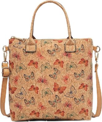 Generic Natural Cork Crossbody Bag for Women, Floral Butterfly Print Design, 26 x 25 x 8 cm, Adjustable Shoulder Strap, Zip Closure (Butterfly)