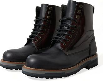 Dolce & Gabbana Mens Black Leather Military Combat Boots Shoes Maroon And Calf