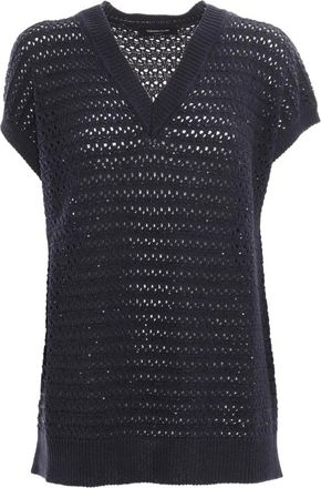 Fabiana Filippi Cotton Crochet V-Neck Sweater - Dames - V-hals truien - Blauw - S - Katoen - Truien & Vesten