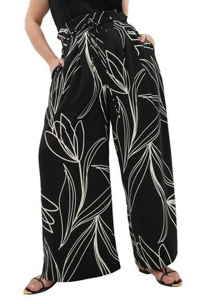 City Chic Shania Paperbag Waist Wide Leg Pants in Black Bloom at Nordstrom, Size Xxxs