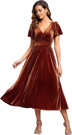Ever-pretty Womens Vintage Ruched Short Sleeve Cocktail Velvet Bridesmaid Wedding Guest Dress Caramel 26UK