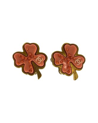 Chanel Plated Clover Coco Mark Gold Pink Earrings (Authentic Pre-Loved)