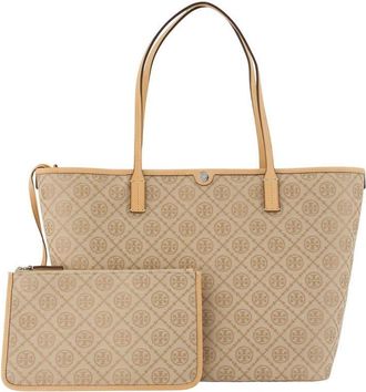 Tory Burch Logo-Jacquard Calfskin Tote Bag Beige