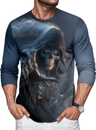 Generic Halloween Tshirt Men - Skull Print Long Sleeve,Graphic Tee Shirts Fall Winter Fashion Streetwear,for Gray Magic Skull XL