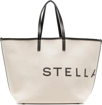Stella McCartney Elegante Beige Katoen/Leren Logo Print Tas - Dames - Shoppers - Beige - ONE Size - Katoen - Tassen