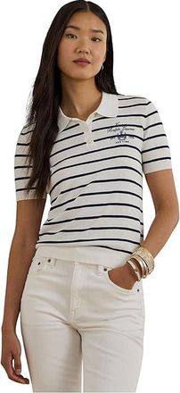 Lauren Ralph Lauren Striped Cotton-Blend Polo Sweater Womens Sweater White/Refined Navy : XS, Cotton/Viscose