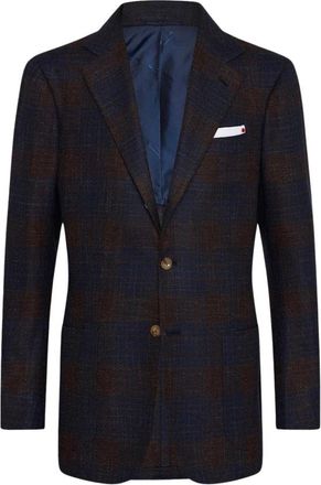 Kiton Cashmere Overcheck Jacket - Heren - Blazers - Blauw - 2XL - Wol - Jassen