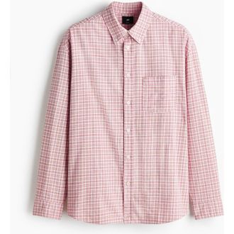 H&M Relaxed Fit Cotton Shirt in Pink/checked at Nordstrom, Size Xx-Large
