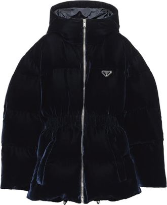 Prada velvet hooded puffer jacket - Blue