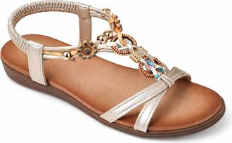 Jo & Joe Ladies Braided T-Strap Design Embellished Trim Elasticated Back Strap Flat Sandals (Gold Flower, UK Footwear Size System, Adult, Women, Numeric, Mediu