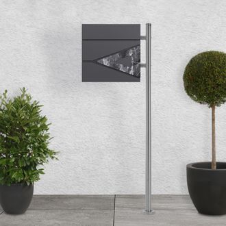 ML Design Ecd Germany Buz&oacute;n De Pie Con Compartimento Para Peri&oacute;dicos Con Soporte Plateado 120 Cm, Moderno, Con Tri&aacute;ngulo De M&aacute;rmol Negro, De Acero Inoxidable Re