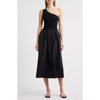 Rails Anita One-Shoulder Mixed Media Midi Dress in Black at Nordstrom, Size Large
