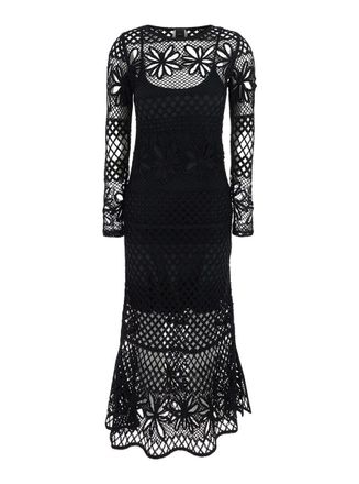 Pinko Ortles Black Crewneck Long Dress With Fishnet Design And All-Over Floral Embroidery In Viscose Blend Woman