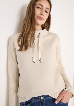 Cecil Sweatshirt CECIL, Damen, Gr. L (42), pearl beige, Sweatware, Obermaterial: 86% Baumwolle, 9% Polyester, 5% Elasthan, unifarben mit Farbeinsatz, normal