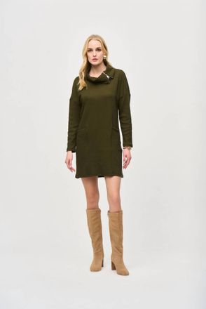 Joseph Ribkoff Zipper Collar Long Sleeves Mini Cocoon Dress In Olive/black