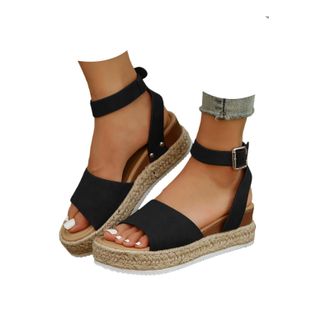 Generic Womens Platform Espadrilles Summer Open Toe Buckle Ankle Strap Beach Sandal Casual Comfortable Faux Leather Dressy Elegant Flats Sandals with Arch Sup