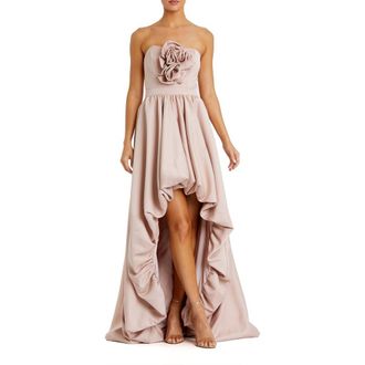 Mac Duggal Satin Strapless Bubble High Low Gown With Roses in Blush at Nordstrom, Size 12