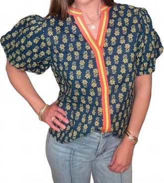 THML Clothing Puff Sleeve V Neck Top In Navy