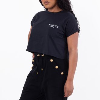 Balmain Flock Logo Print Cropped T Shirt, Size Large
