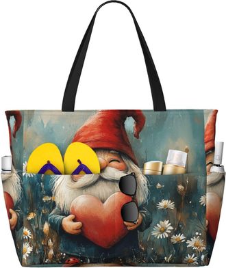 Generic Valentines Gnomes Print Large Beach Bag Foldable Travel Shoulder Tote Bag With Pocket For Weekender Pool Vacation