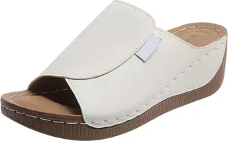 Generic Women House Slippers Animal Womens Casual One Foot Stirrup Slope Heel Roman Lightweight Thick Bottom Casual Open Toe Slippers (White, 5.5)