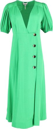 Ganni Ganni Puff Sleeve Midi Wrap Dress in Green Viscose