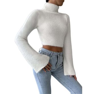 Generic WomenS Trutleneck Crop Pullover Tops,Bell Sleeve Stylish Solid Color Sweater,2025 Winter Fall Sweater (White,l)