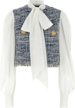 Balmain Blauwe Tweed Inzet Overhemd met Strik - Dames - Overhemden - Veelkleurig - S - Tweed - Overhemden
