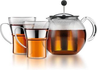 Bodum Th&eacute;iere A Piston - Bodum - Assam Set - 1.0 L Avec Couvercle, Filtre Inox + 2 Tasses Verre Anse Inox 0.35 L