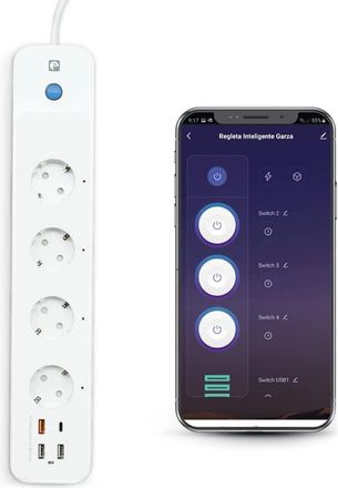 Garza Smart - Regleta Wifi Inteligente Con Interruptor, 4 Tomas, 2 Usbs Tipo A, Usb C Y Usb 3.0 Carga R&aacute;pida Pd20w/qc3.0, Wifi 2.4ghz, Programable, Medidor 