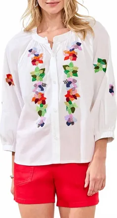 Tribal Three Quarter Sleeve Embroidered Blouse In White