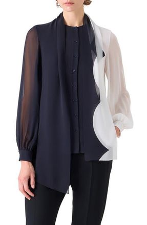 Akris Cloud Silk Tie Neck Shirt in Black-Ecru at Nordstrom, Size 14