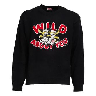 Kenzo Round-neck Knitwear, male, Black, Size: M Wild Tiger Sweater