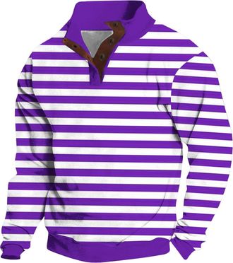 Generic Mens Pullover Sweatshirts | Striped Hoodless Sweatshirts | 3D Printed Long Sleeve Sweatshirts | Stand Collar Button Sweatshirts Casual Workwear Sweats