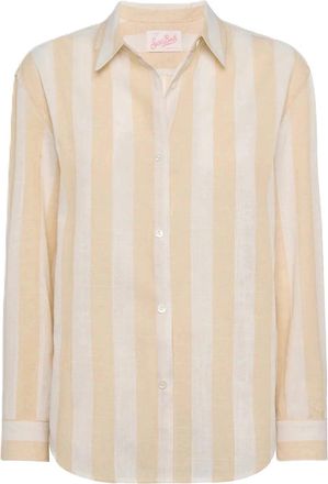 MC2 Saint Barth Beige and Off-White Striped Long-Sleeved Button-Up Shirt