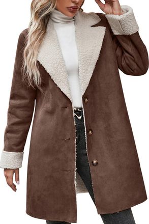 Generic Womens Winter Sherpa Lined Faux Suede Leather Jacket Oversized Notch Lapel Mid Long Overcoat (Brown,L)